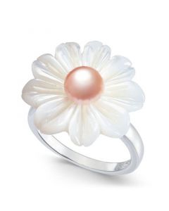 Pink Cultured Freshwater Button Pearl (6mm) & Mother-of-Pearl Flower Statement Ring in Sterling Silver