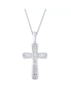 Diamond Baguette Cross Adjustable Pendant Necklace (1/5 ct. t.w) in 10k White or Yellow Gold