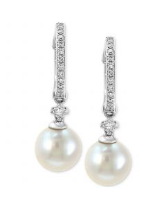 EFFY® Cultured Freshwater Pearl (7mm) & Diamond (1/6 ct. t.w.) Hoop Drop Earrings in 14k White Gold