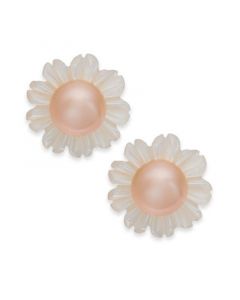 Pink Cultured Button Freshwater Pearl (6mm) & White Mother-of-Pearl (12mm) Stud Earrings in Sterling Silver