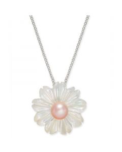 Pink Cultured Button Freshwater Pearl (6 mm) & Mother-of-Pearl (19-1/2 mm) 18" Pendant Necklace in Sterling Silver