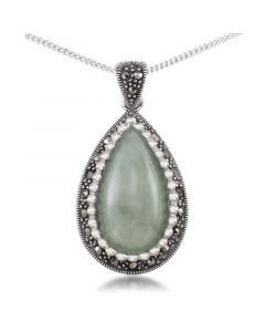 Jade (19 x 10mm) & Marcasite Teardrop Pendant on 18" Chain in Sterling Silver