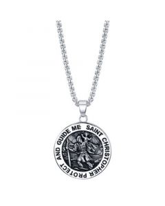 "Saint Christopher" Coin Pendant Necklace in Stainless Steel, 24" Chain