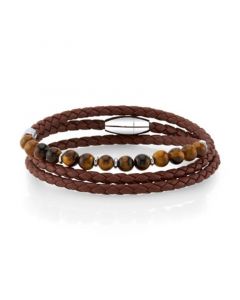 Brown Leather and Tiger Eye Bead Triple Wrap Bracelet with Stainless Steel Clasp, 26"