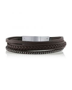 Brown Leather and Stainless Steel Triple Wrap Bracelet, 8.5"