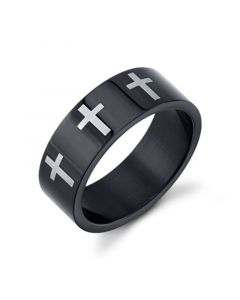 Black Stainless Steel Ring Featuring Cross Design