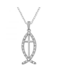 Diamond Jesus Fish & Cross 18" Pendant Necklace (1/10 ct. t.w.) in Sterling Silver