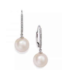 Cultured Freshwater Pearl (10mm) and Diamond (1/10 ct.t.w) Leverback Earrings in 14k White Gold (Also available in 14k yellow gold or 14k rose gold)