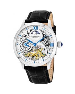 Original Stainless Steel Case on Black Alligator Embossed Genuine Leather Strap, White Skeletonized Dial, With Blue, Gold Tone, and Black Accents