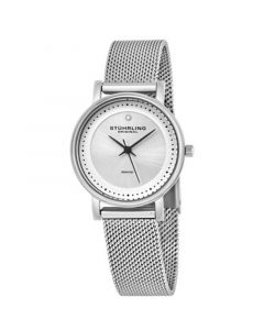 Original Stainless Steel Case on Mesh Bracelet, Silver Dial, With Black Accents, and Diamond At 12