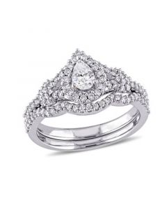 Certified Diamond (7/8 ct. t.w.) Pear-Shape Halo Split Shank Bridal Set in 14k White Gold