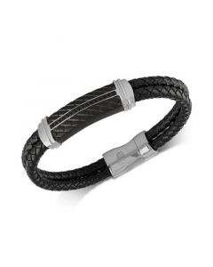 Diamond & Leather Bracelet in Stainless Steel & Black Ion-Plate, Created for Macy's