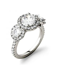 Moissanite Three Stone Halo Ring (3 ct. t.w. Diamond Equivalent) in 14k White Gold