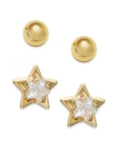 10k Gold Earrings Set, Cubic Zirconia Accent Star and Ball Stud Earrings