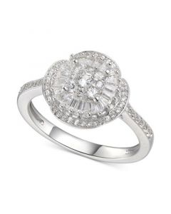 Cubic Zirconia Baguette Cluster Halo Ring in Sterling Silver