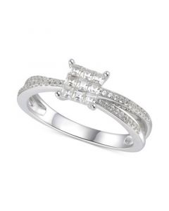 Cubic Zirconia Square Cluster Split Shank Ring in Sterling Silver