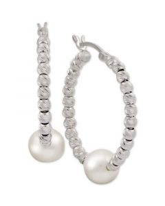 Cultured Freshwater Pearl (8mm) Beaded Hoop Earrings in Sterling Silver