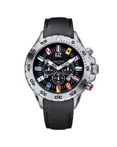 Men's N16553G NST Chrono Flags Black Resin-Coated Leather Strap Watch