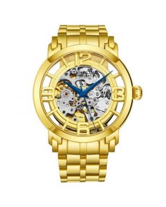 Stainless Steel Gold Tone Case on Stainless Steel Link Bracelet, Gold Tone Dial, with Blue Accents