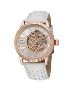 Stainless Steel Rose Tone Case on White Perforated Alligator Embossed Genuine Leather Strap with Gray Contrast Stitching, Silver Skeletonized Dial, with Rose Tone Accents