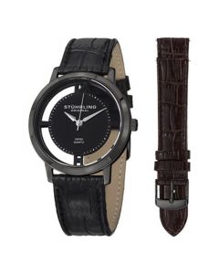 Stainless Steel Black PVD Case on Black Alligator Embossed Genuine Leather Interchangeable Strap with Additional Brown Alligator Embossed Strap, Black Dial, with Silver Tone Accents