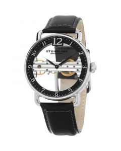 Men's Mechanical Bridge Watch, Silver Tone Case on Black Genuine Leather Strap, Black Skeletonized Dial with Exposed Bridge Movement, Silver Tone and Black Accents