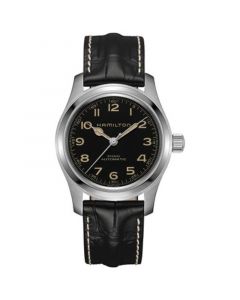 Men’s Swiss Automatic Khaki Field Black Leather Strap Watch 42mm