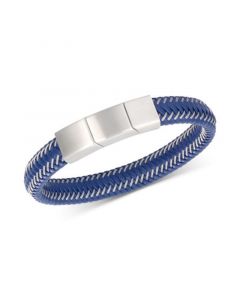 Men's Blue Leather Braided Bracelet in Stainless Steel