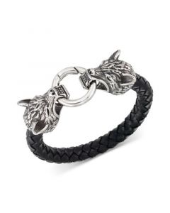 Wolf Head Leather Braided Bracelet in Stainless Steel