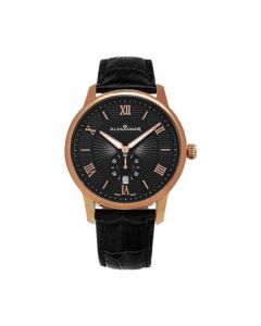 Alexander Watch A102-04, Stainless Steel Rose Gold Tone Case on Black Embossed Genuine Leather Strap