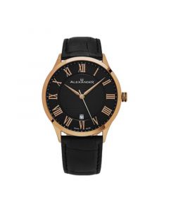 Alexander Watch A103-05, Stainless Steel Rose Gold Tone Case on Black Embossed Genuine Leather Strap