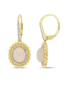 Opal (4 ct. t.w.) and Diamond (1/4 ct. t.w.) Halo Earrings in 14k Yellow Gold