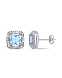 Blue Topaz (2-3/8 ct.t.w.), White Sapphire (1/8 ct.t.w.) and Diamond (1/5 ct.t.w.) Halo Stud Earrings in 10k White Gold