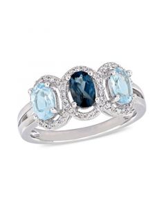 Blue Topaz (1-3/5 ct.t.w.) and Diamond (1/5 ct.t.w.) 3-Stone Halo Ring in Sterling Silver