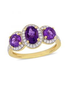 Amethyst (1-5/8 ct.t.w.) and Diamond (1/3 ct.t.w.) 3-Stone Halo Ring in 18k Yellow Gold over Sterling Silver