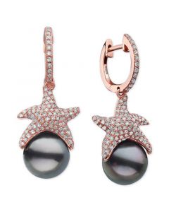 EFFY® Cultured Black Tahitian Pearl (9-1/2mm) & Diamond (3/4 ct. t.w.) Starfish Dangle Drop Earrings in 14k Rose Gold