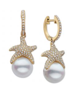 EFFY® Cultured Freshwater Pearl (9-1/2mm) & Diamond (3/4 ct. t.w.) Starfish Drop Earrings in 14k Gold