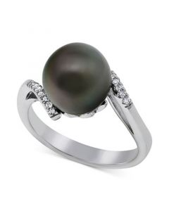 Cultured Tahitian Pearl (9mm) & Diamond Accent Ring in Sterling Silver