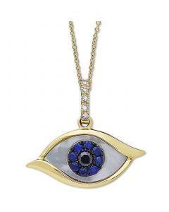 EFFY® Mother-of-Pearl, Sapphire (1/10 ct. t.w.) & Diamond Accent Evil-Eye 18" Pendant Necklace in 14k Gold