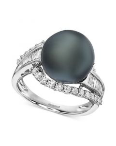 EFFY® Black Cultured Tahitian Pearl (12mm) & Diamond (3/4 ct. t.w.) Ring in 14k White Gold