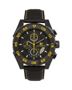 Torrent Men's Chronograph Watch Black Leather Strap, Black and Yellow Dial, 44mm