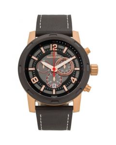 Baracchi Men's Chronograph Watch Black Leather Strap, White Stitching, Black/Grey Dial, Rose Gold Case, 46mm