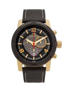 Baracchi Men's Chronograph Watch Black Leather Strap, White Stitching, Black/Grey Dial, Gold Case, 46mm