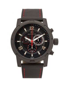 Baracchi Mens Chronograph Watch - Black Leather Strap, Black and Red Dial, 46mm