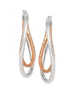 Two-Tone Textured & Polished Twist Hoop Earrings in Sterling Silver & 18k Rose Gold-Plate