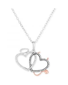 Diamond Angel & Devil Double Heart 18" Pendant Necklace (1/6 ct. t.w.) in Sterling Silver & 14k Rose Gold-Plate