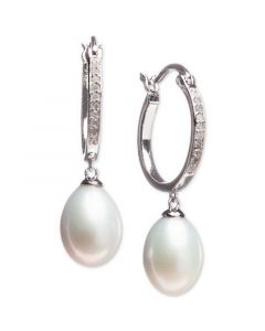 Cultured Freshwater Pearl (7 x 9mm) & Diamond (1/10 ct. t.w.) Hoop Drop Earrings in Sterling Silver