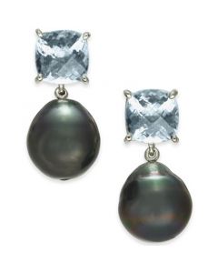 Cultured Tahitian Pearl (12mm) & Aquamarine (5 ct. t.w.) Drop Earrings in Sterling Silver