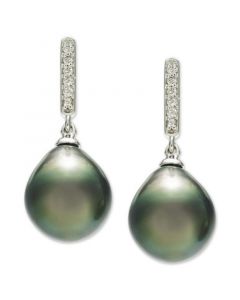 Cultured Tahitian Pearl (10mm) & Diamond (1/10 ct. t.w.) Drop Earrings in 14k White Gold