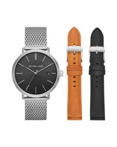 Men's Blake Black and Brown Leather Strap and Stainless Steel Mesh Bracelet Watch Gift Set 42mm